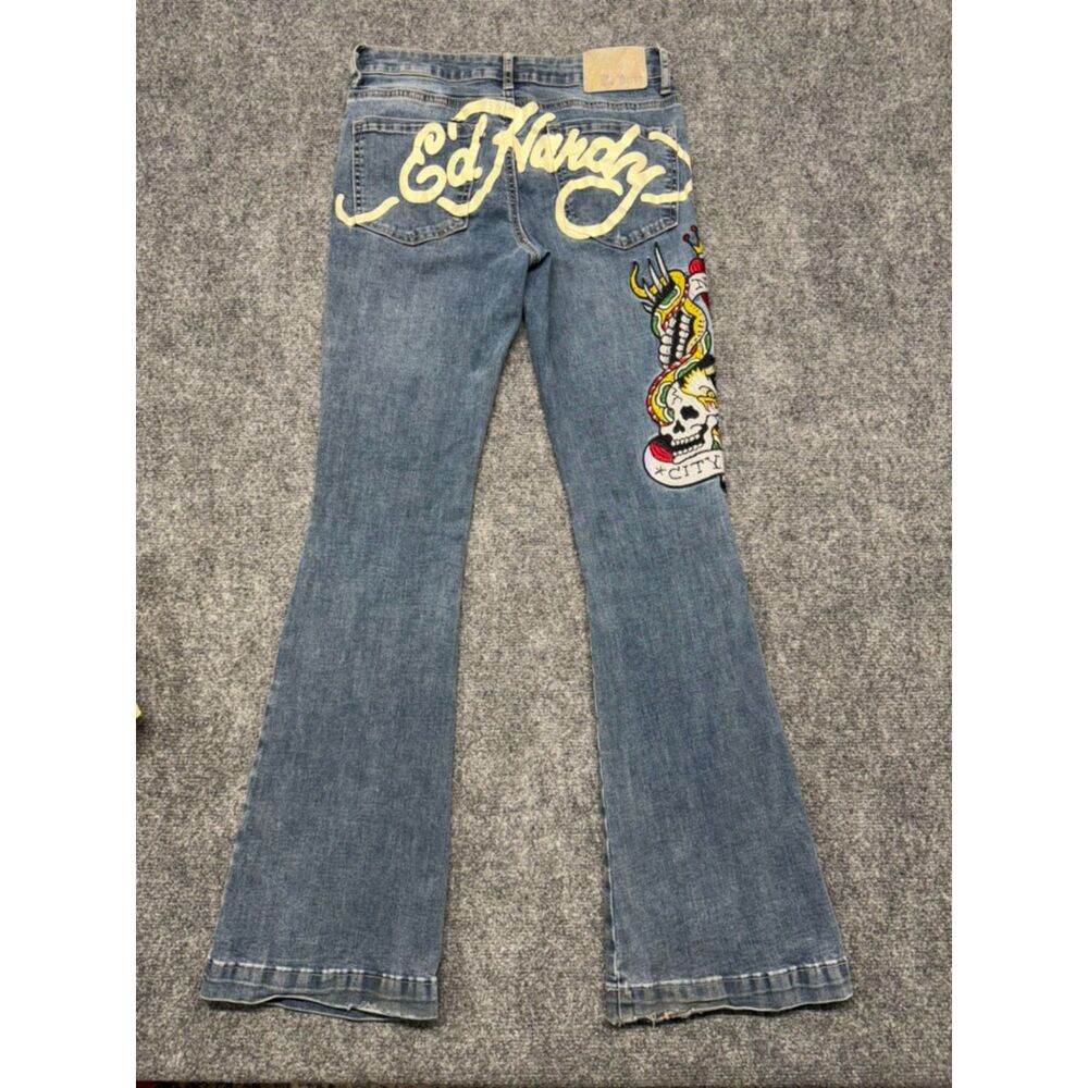 Ed Hardy Womens Jeans 28 Embroidered Skull Eagle New York City Y2K Flare Denim